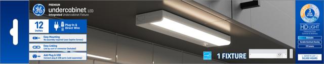 Front package of GE Undercabinet LED 3-Color 8W LED Plug-in & Direct Wire 12in Linkable Integrated Light Fixture