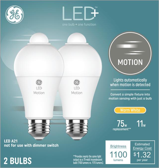 GE LED+ Motion Lamp LED Light Bulbs, General Purpose, A21 Bulbs, 12 Watts (2 Pack)