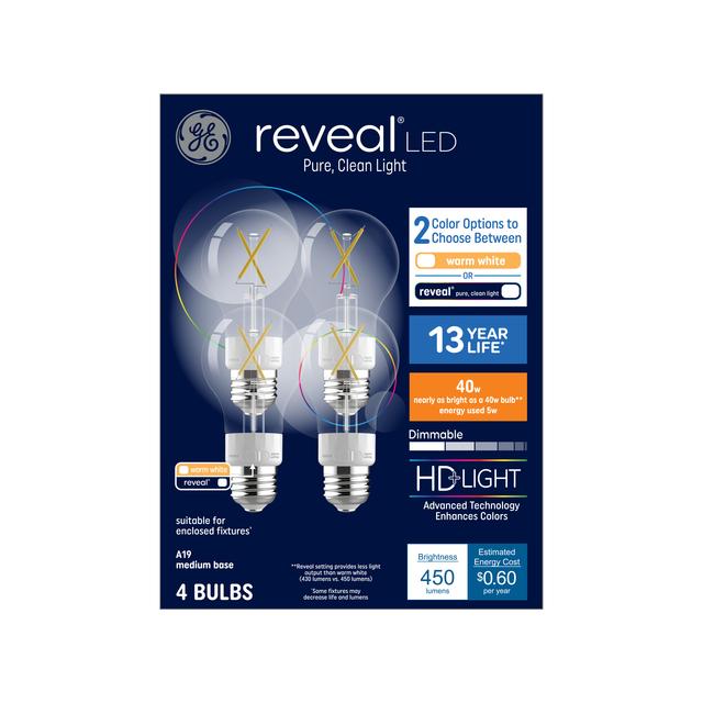 GE Reveal HD+ LED 40 Watt Replacement, Reveal, A19 General Purpose Bulbs (4 Pack)