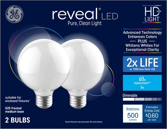 GE Reveal HD+ LED 60 Watt Replacement, Reveal, G25 Vanity - Globe Bulbs (2 Pack)