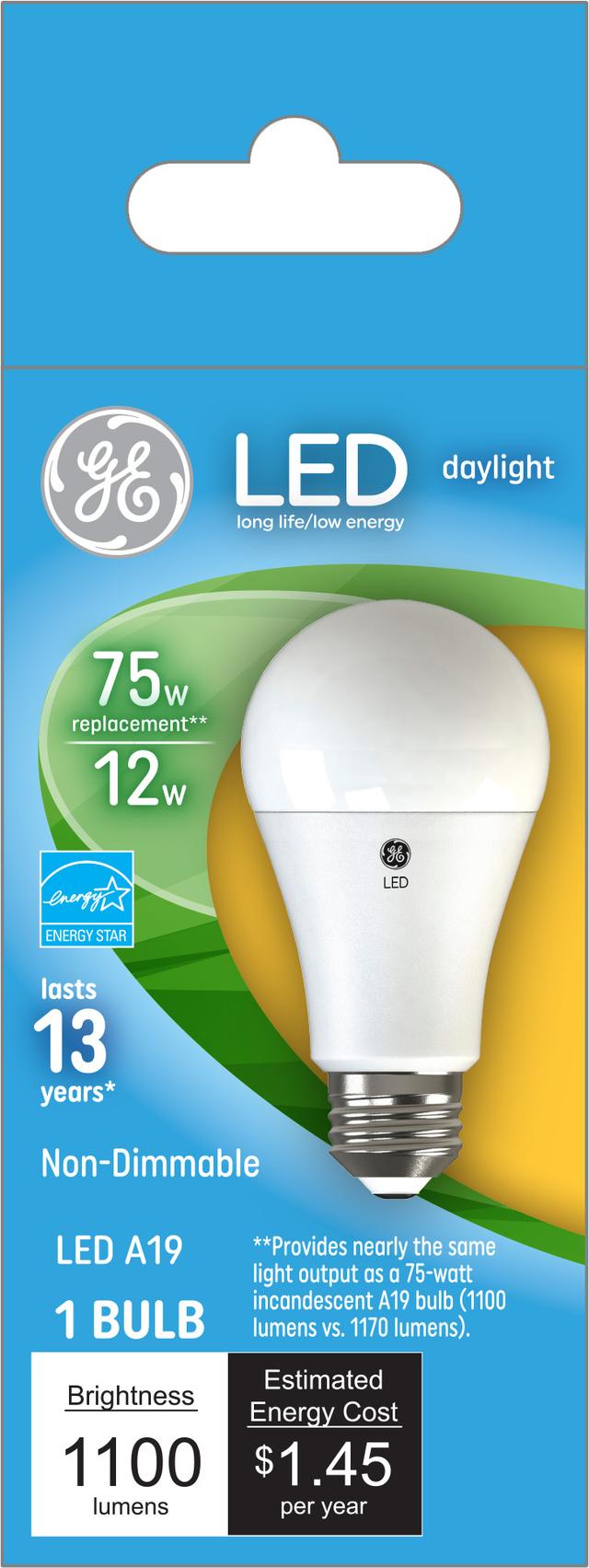 Front package of GE Daylight 75W Replacement LED General Purpose A19 Light Bulb