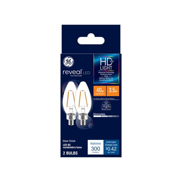 GE Reveal HD+ LED 40 Watt Replacement, Reveal, B11 Deco - Candle Bulbs (2 Pack)