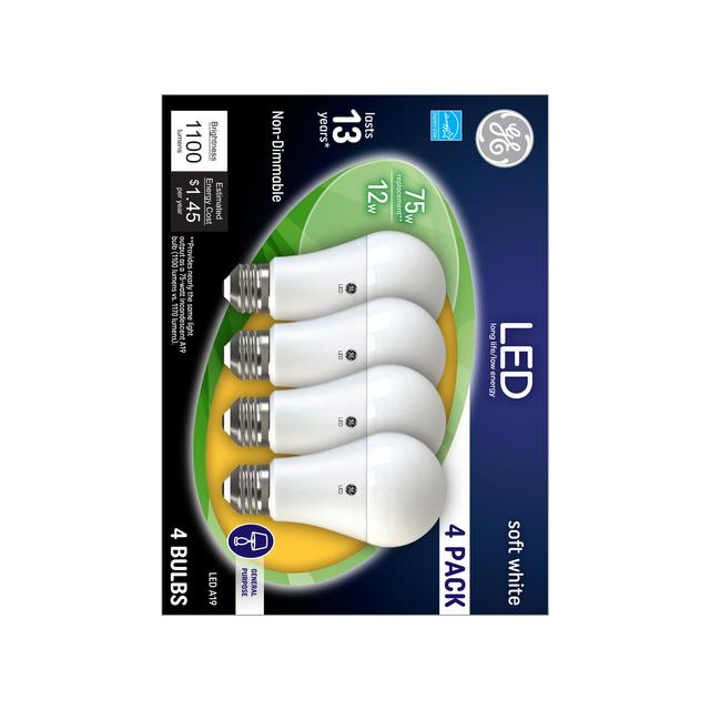 Back package of GE Soft White 75W Replacement LED Indoor General Purpose Non-Dimmable  A19 Light Bulb (4-Pack)