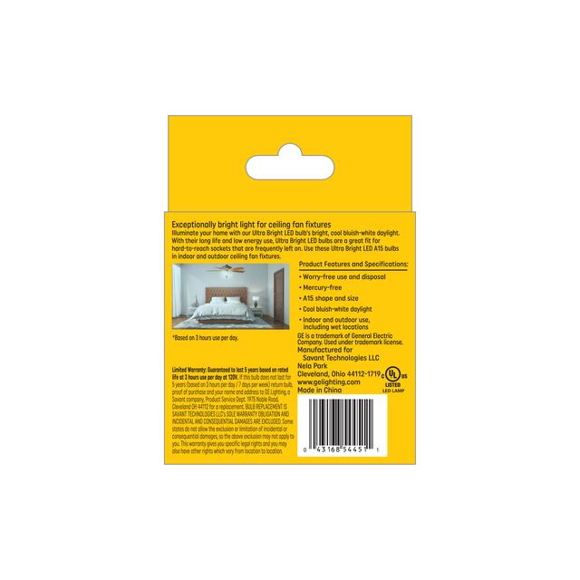 GE Ultra Bright LED 100 Watt Replacement, Daylight, A15 Ceiling Fan Bulbs (2 Pack)