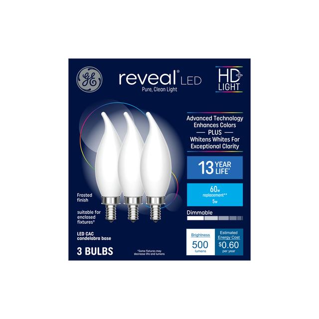 GE Reveal HD+ LED 60 Watt Replacement, Reveal, CA11 Deco - Candle Bulbs (3 Pack)