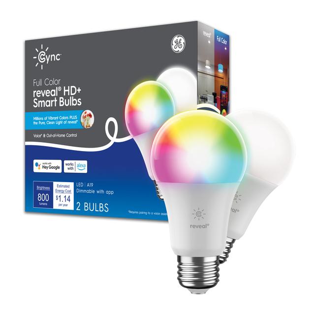 Front package of Cync Full Color reveal® Smart Bulb (2 LED A19 Bulbs), 60W Replacement, Bluetooth/Wifi Enabled, Works With Alexa, Google Assistant Without Hub