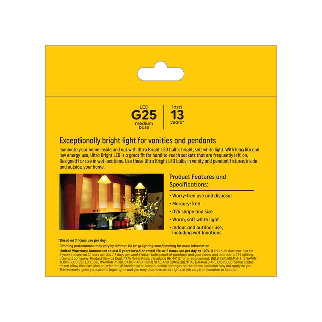 GE Ultra Bright LED 100 Watt Replacement, Soft White, G25 Vanity - Globe Bulbs (2 Pack)