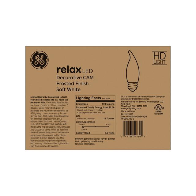 GE Relax HD LED 60 Watt Replacement, Soft White, CA11 Deco - Candle Bulbs (8 Pack)