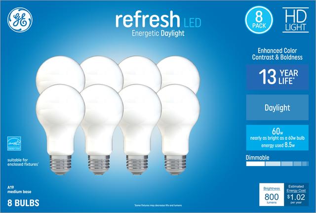 Front package of GE Refresh HD Daylight 60W Replacement LED Light Bulbs General Purpose A19