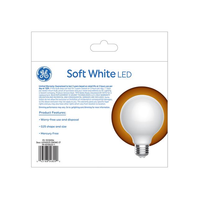GE Basic LED 40 Watt Replacement, Soft White, G25 Vanity - Globe Bulbs (2 Pack)