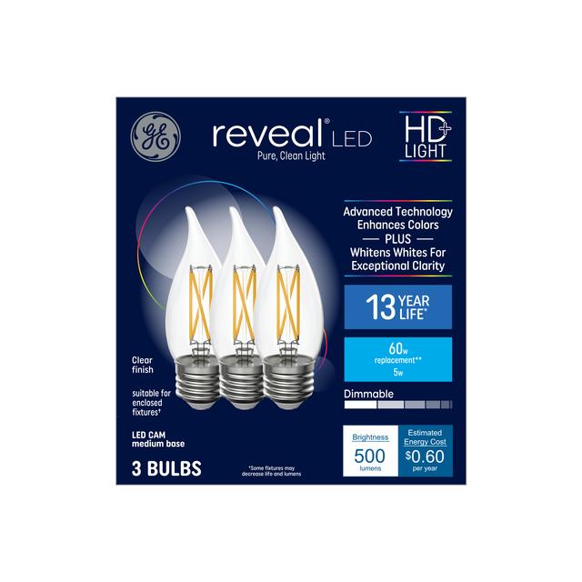 GE Reveal HD+ LED 60 Watt Replacement, Reveal, CA11 Deco - Candle Bulbs (3 Pack)