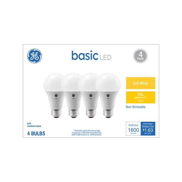 GE Basic LED 100 Watt Replacement, Soft White, A19 General Purpose Bulbs (4 Pack)