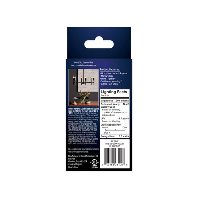 GE Classic LED 40 Watt Replacement, Soft White, CA11 Deco - Candle Bulbs (2 Pack)
