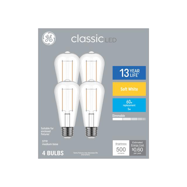 GE Classic LED 60 Watt Replacement, Soft White, ST19 Edison Bulbs (4 Pack)
