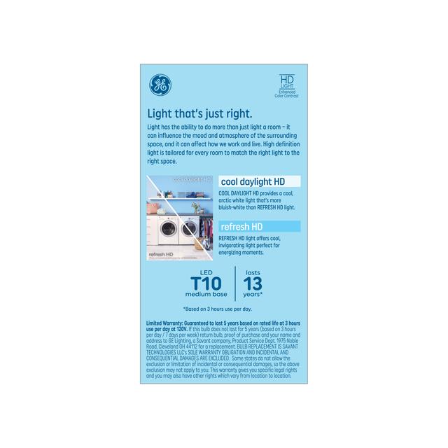 GE Refresh HD LED 60 Watt Replacement, Cool Daylight, T10 Deco - Tubular Bulbs (2 Pack)