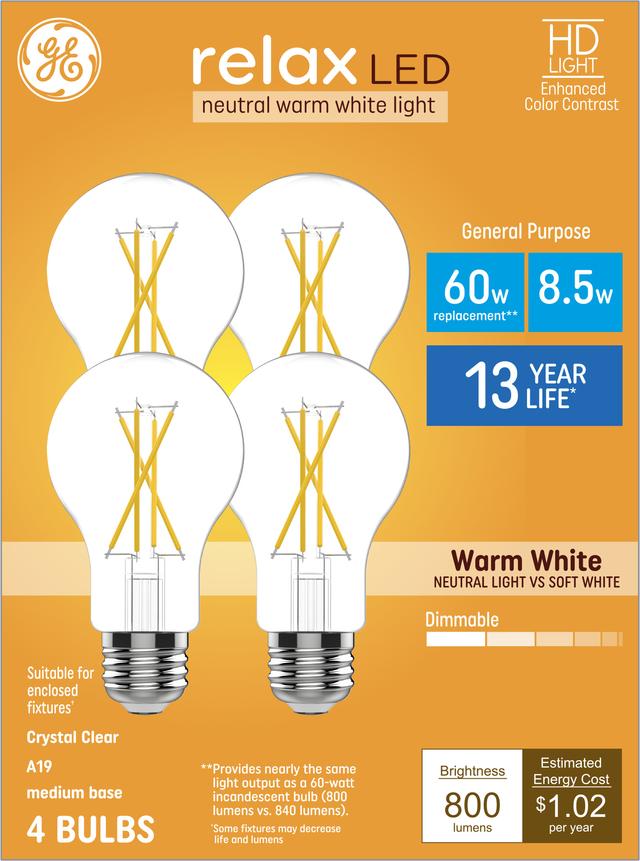 GE Relax HD LED 60 Watt Replacement, Warm White, A19 General Purpose Bulbs (4 Pack)