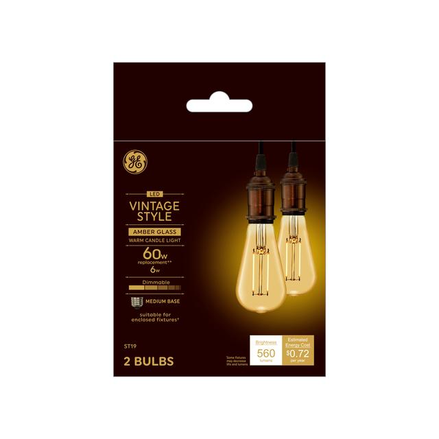 GE Vintage LED 60 Watt Replacement, Candlelight, ST19 Edison Bulbs (2 Pack)