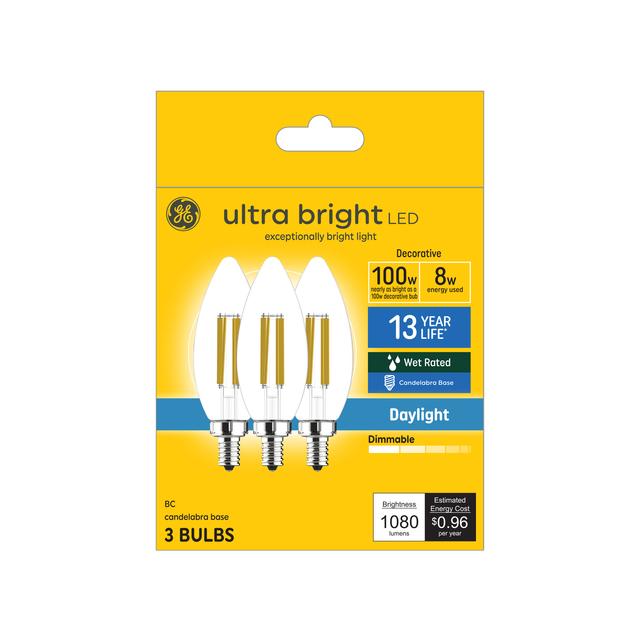GE Ultra Bright LED 100 Watt Replacement, Daylight, B12 Deco - Candle Bulbs (3 Pack)