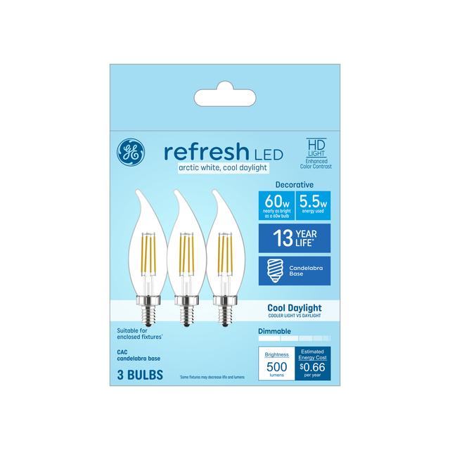 GE Refresh HD LED 60 Watt Replacement, Cool Daylight, CA11 Deco - Candle Bulbs (3 Pack)