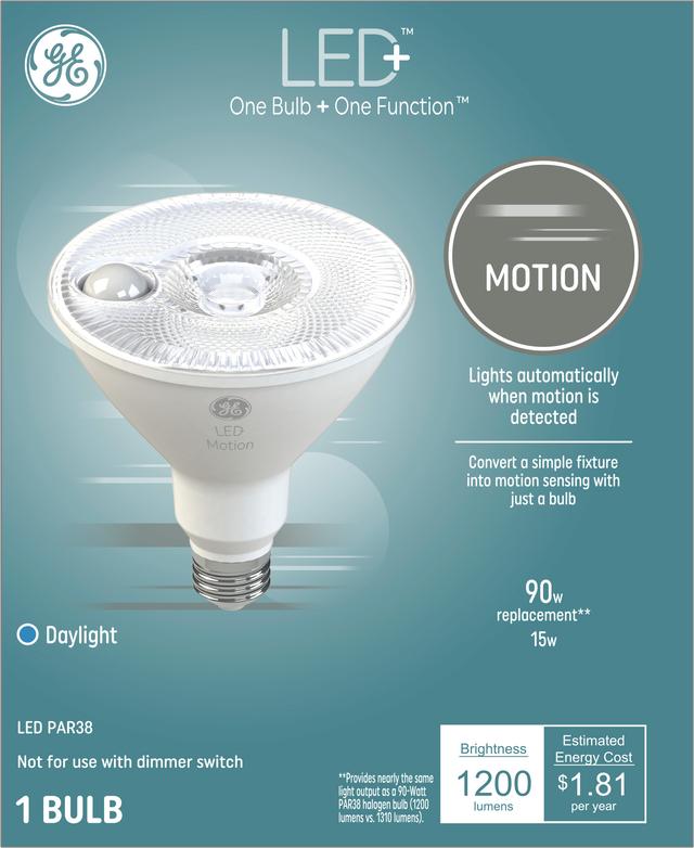 GE LED+ Motion Lamp LED Light Bulbs, Outdoor Floodlight, PAR38 Bulb, 15 Watts (1 Pack)