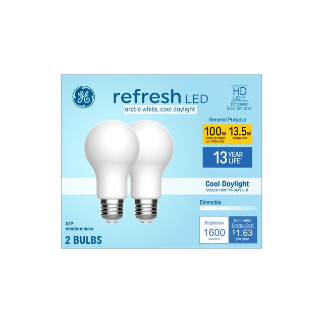 GE Refresh HD LED 100 Watt Replacement, Cool Daylight, A19 General Purpose Bulbs (2 Pack)