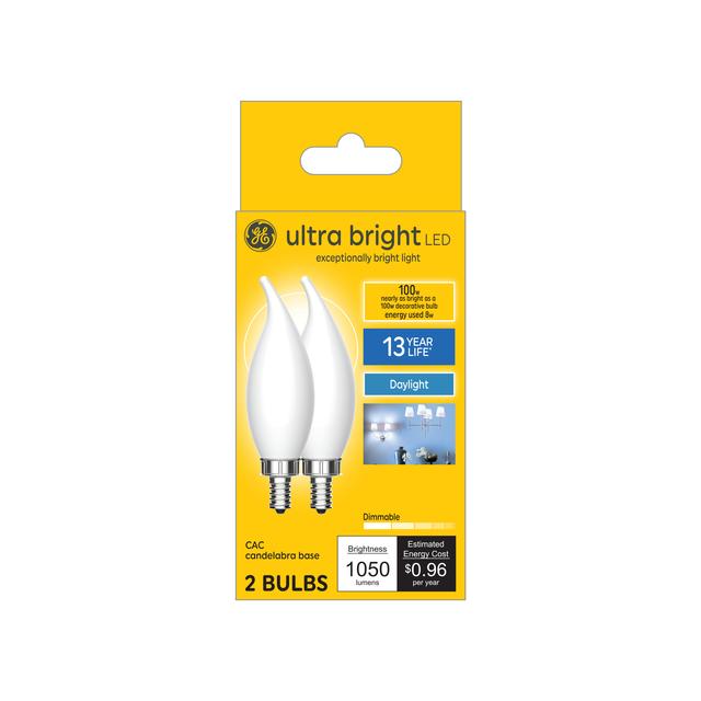 GE Ultra Bright LED 100 Watt Replacement, Daylight, CA12 Deco - Candle Bulbs (2 Pack)