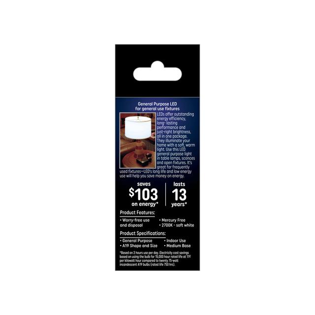 Back package of GE Soft White 75W Replacement LED Indoor General Purpose Non-dimmable A19 Light Bulb