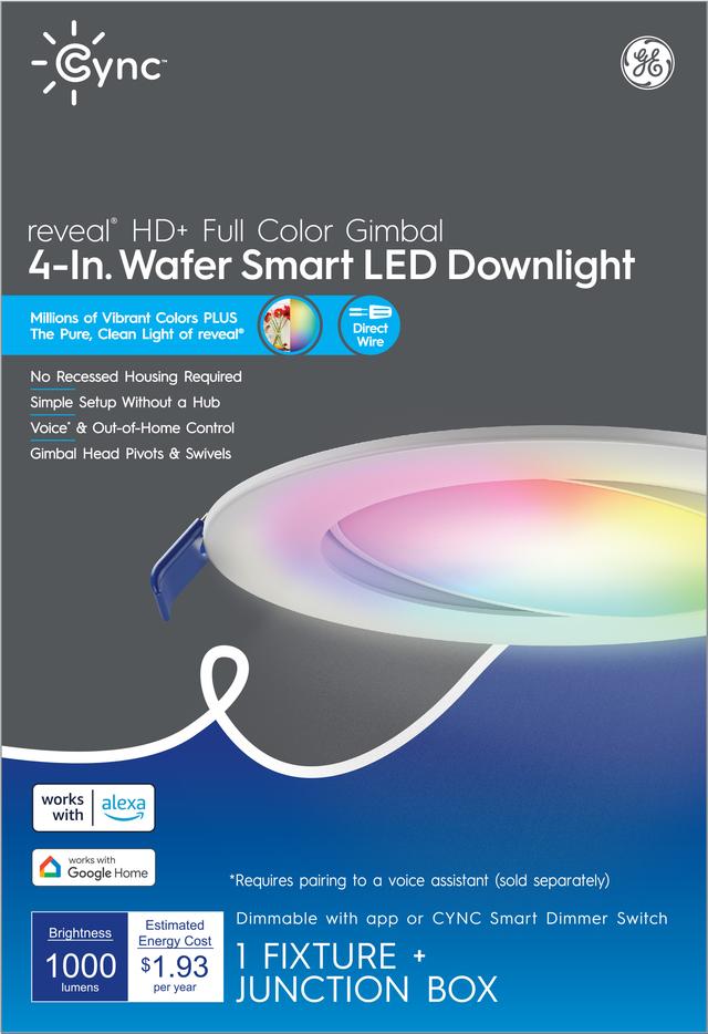 GE CYNC dévoile la plaquette LED intelligente à cardan polychrome HD+, 4 pouces, fonctionne avec Amazon Alexa et Google Assistant, Bluetooth et Wi-Fi Enabled (1 Pack)