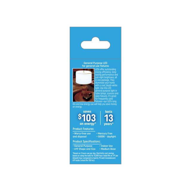 Back package of GE Daylight 75W Replacement LED General Purpose A19 Light Bulb