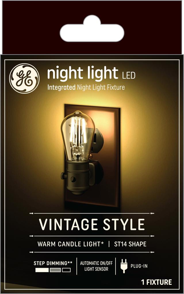 Front package of GE Night Light Vintage LED Warm Candlelight Decorative S14 Plug-in Fixture (1-Pack)