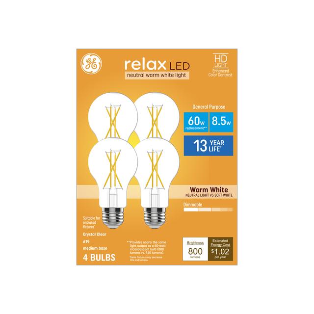 GE Relax HD LED 60 Watt Replacement, Warm White, A19 General Purpose Bulbs (4 Pack)