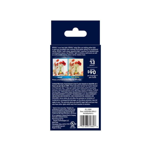 GE Reveal HD+ LED 60 Watt Replacement, Reveal, B11 Deco - Candle Bulbs (2 Pack)