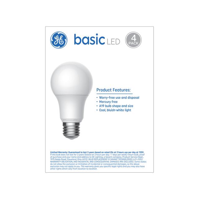GE Basic LED 60 Watt Replacement, Daylight, A19 General Purpose Bulbs (4 Pack)
