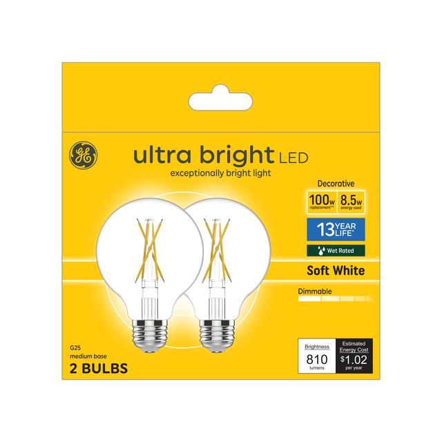 GE Ultra Bright LED 100 Watt Replacement, Soft White, G25 Vanity - Globe Bulbs (2 Pack)