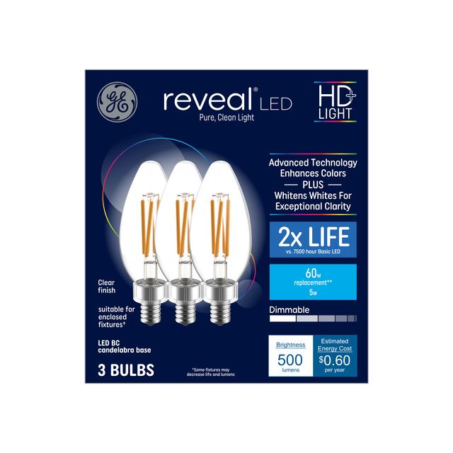 GE Reveal HD+ LED 60 Watt Replacement, Reveal, B11 Deco - Candle Bulbs (3 Pack)