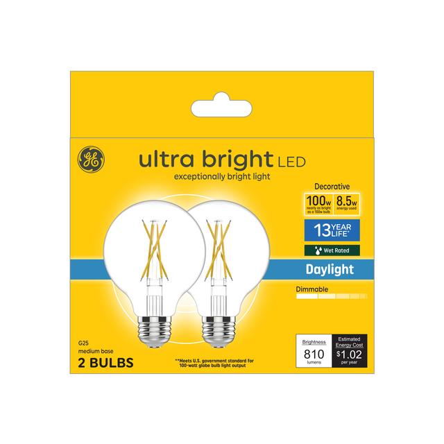 GE Ultra Bright LED 100 Watt Replacement, Daylight, G25 Vanity - Globe Bulbs (2 Pack)