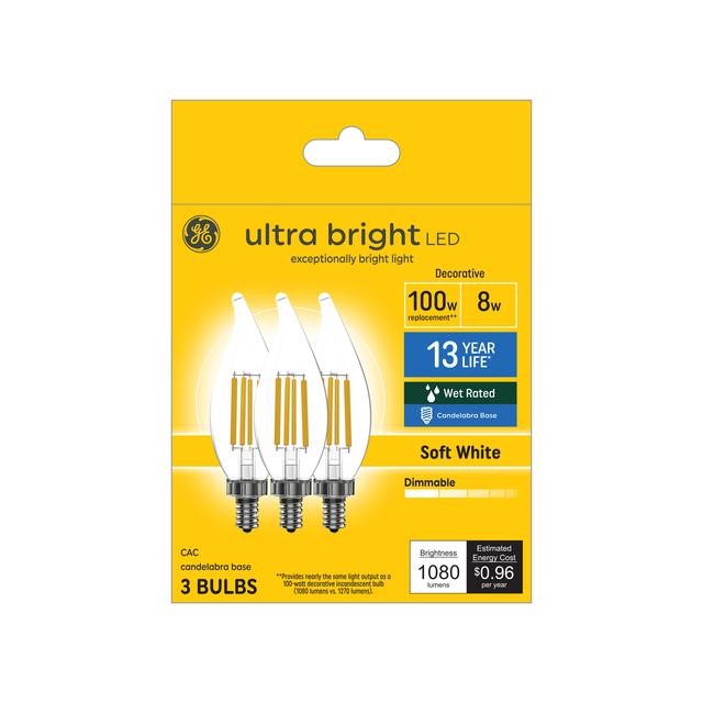 GE Ultra Bright LED 100 Watt Replacement, Soft White, CA12 Deco - Candle Bulbs (3 Pack)
