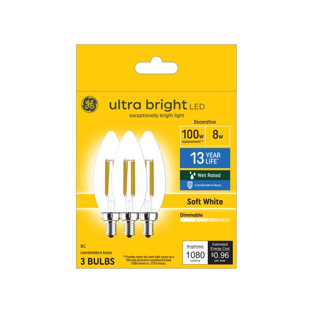 GE Ultra Bright LED 100 Watt Replacement, Soft White, B12 Deco - Candle Bulbs (3 Pack)