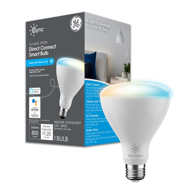 Emballage avant de l’ampoule d’inondation GE CYNC Direct Connect, blanc accordable, BR30 ampoule d’inondation intérieure intelligente à LED avec contrôle sans fil, 65 remplacement Alexa W et compatible Google Home, aucun concentrateur requis, 1-pack (l’emballage peut varier)