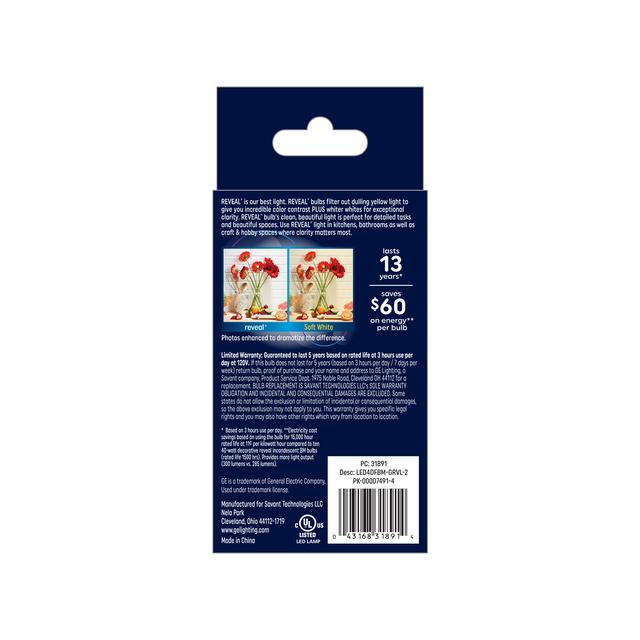 GE Reveal HD+ LED 40 Watt Replacement, Reveal, B11 Deco - Candle Bulbs (2 Pack)