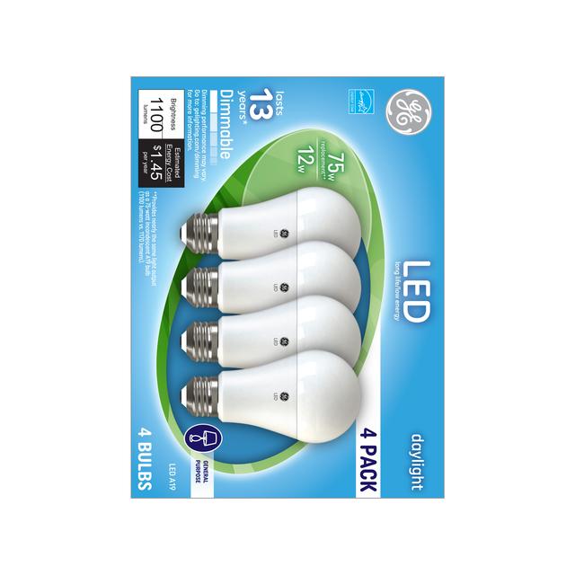Back package of GE Daylight 75W Replacement LED Indoor General Purpose A19 Light Bulbs
