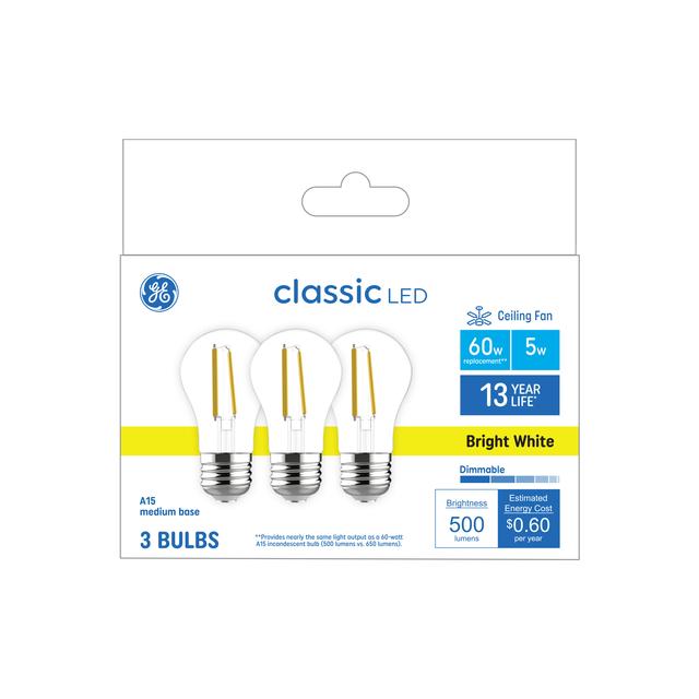 GE Classic LED 60 Watt Replacement, Bright White, A15 Ceiling Fan Bulbs (3 Pack)