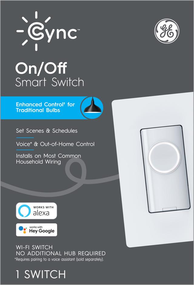 GE Cync Smart Light Switch On/Off Button Style, No Neutral Wire Required Smart Switch, 2.4 GHz WiFi Works with Amazon Alexa and Google Home, White (1 Pack)