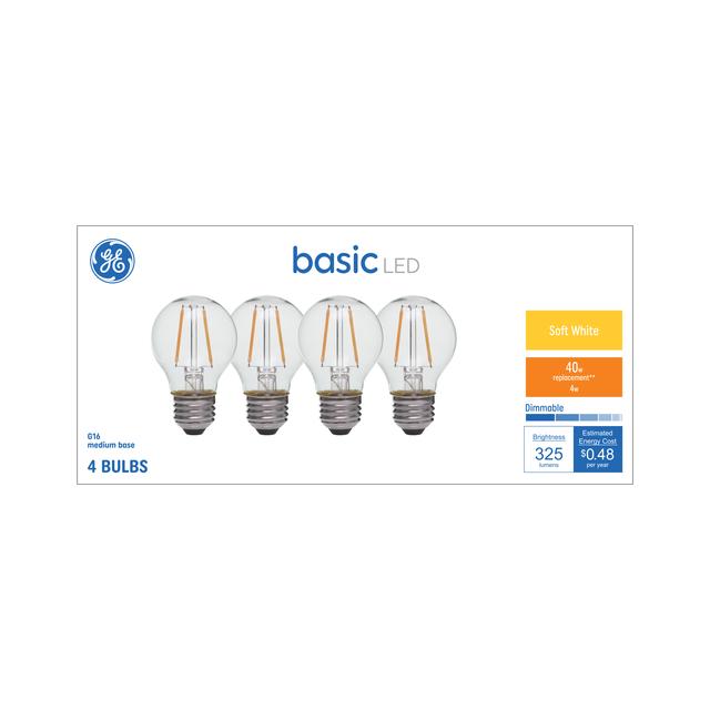 GE Basic LED 40 Watt Replacement, Soft White, G16.5 Vanity - Globe Bulbs (4 Pack)