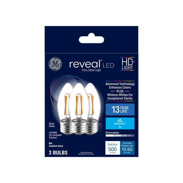 GE Reveal HD+ LED 60 Watt Replacement, Reveal, B11 Deco - Candle Bulbs (3 Pack)