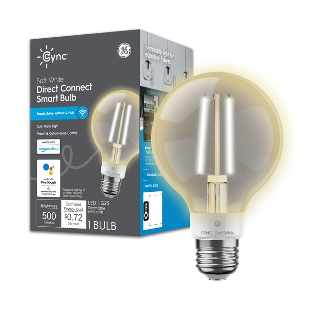 Front package of Cync Soft White Direct Connect Smart Bulb (1 LED G25 Bulb), 60W Replacement, Bluetooth/Wifi Enabled, Works With Alexa, Google Assistant Without Hub