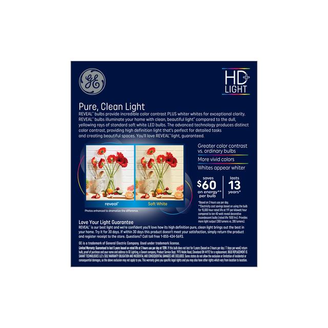 GE Reveal HD+ LED 40 Watt Replacement, Reveal, CA11 Deco - Candle Bulbs (3 Pack)
