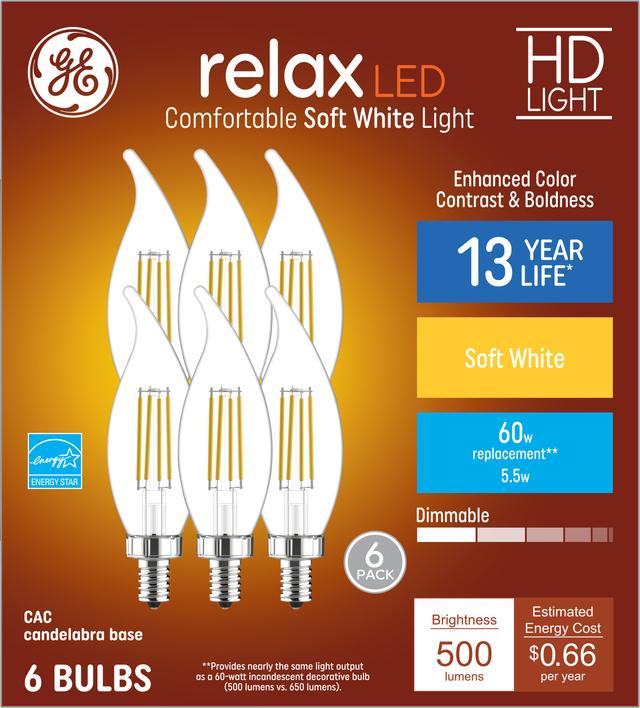 GE Relax HD LED 60 Watt Replacement, Soft White, CA11 Deco - Candle Bulbs (6 Pack)