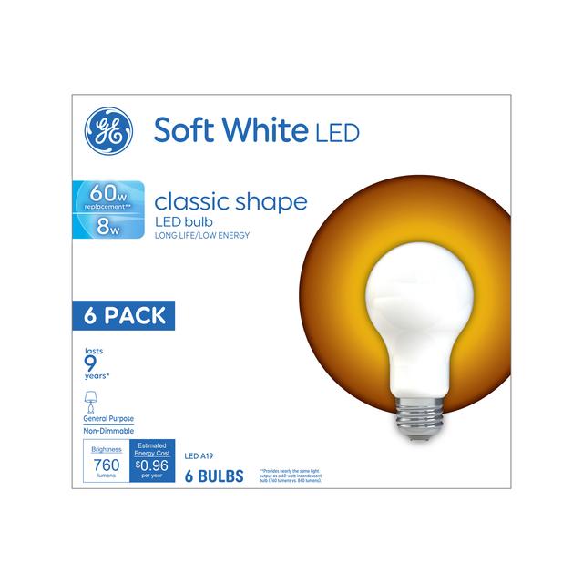 GE Basic LED 60 Watt Replacement, Soft White, A19 General Purpose Bulbs (6 Pack)