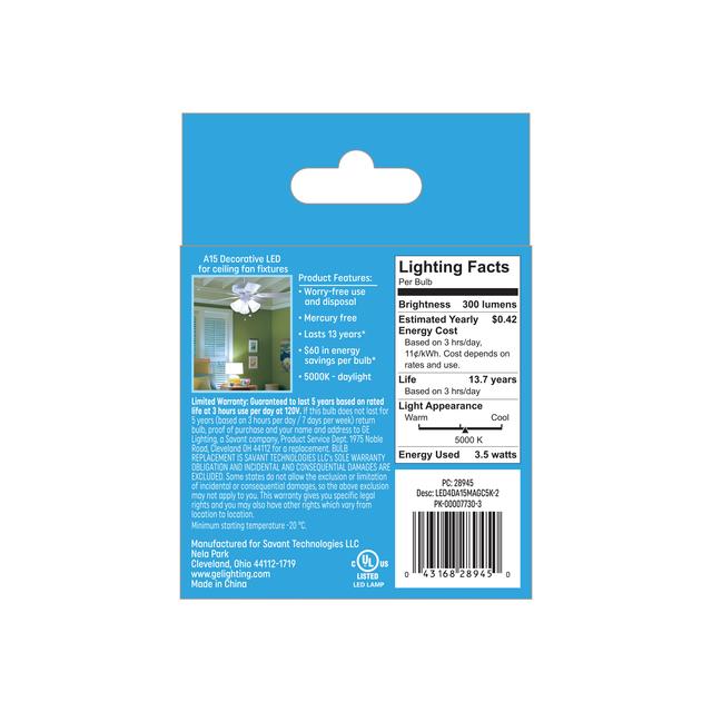 GE Classic LED 40 Watt Replacement, Daylight, A15 Ceiling Fan Bulbs (2 Pack)